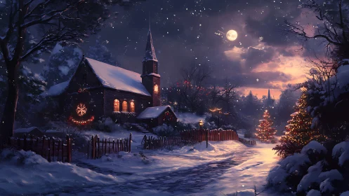 Snowy village church glows under moonlit winter sky