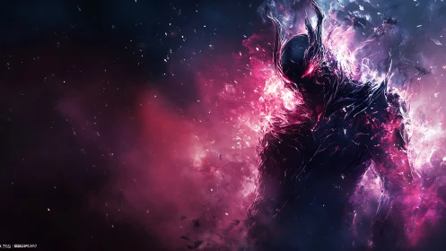 Cosmic void wraith erupting through neon nebula storm.