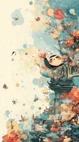 Dreamy temple skies with playful spirits and drifting blooms.