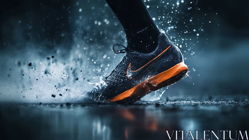 Running shoe hits wet pavement with sharp water splash.