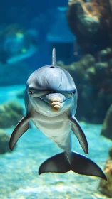 Frontally illuminated dolphin in clear aquarium tank with shallow depth