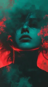Neon-lit portrait in teal-red haze with dramatic low-key lighting
