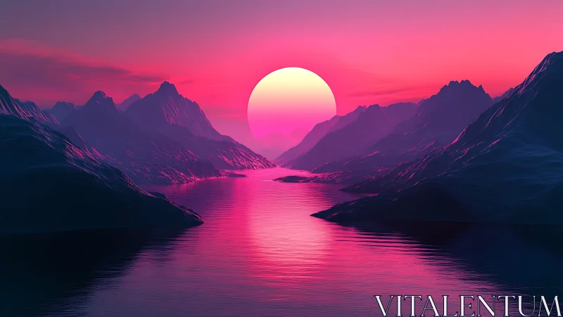 Neon sun over reflective fjord in atmospheric digital gradient