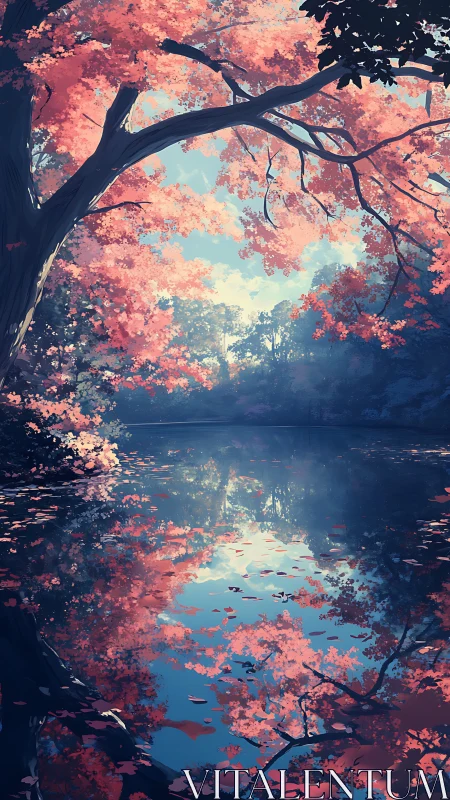 Crimson treetops lean down to paint the quiet lake twice