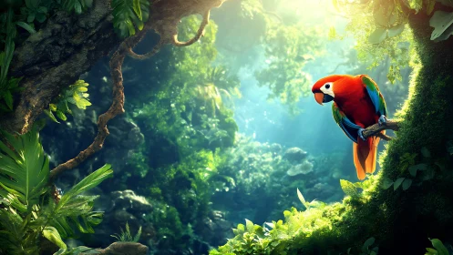 Scarlet macaw perches in luminous rainforest canopy scene.