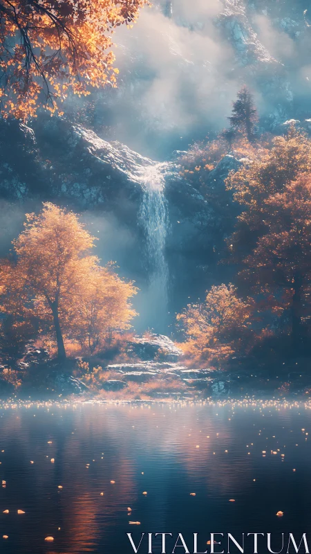 Misty autumn waterfall descends into a glowing, tranquil lake