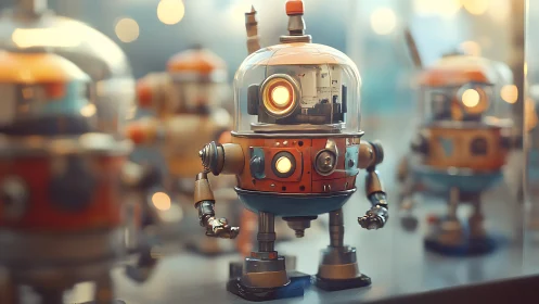 Retro-futurist inspection robots with domed optical housings.