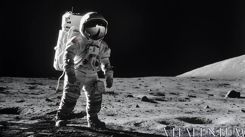 Astronaut standing on barren lunar surface under dark sky.