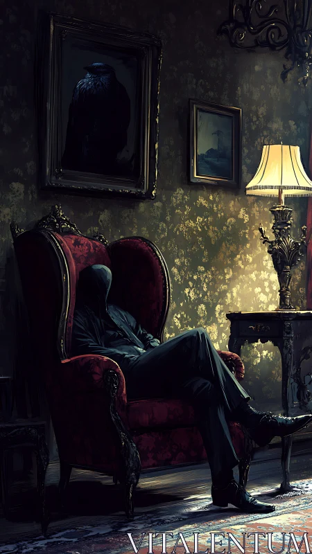 Hooded figure sits in ornate chair within dim interior