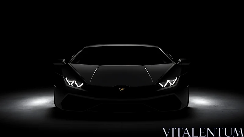 Sleek black supercar emerges dramatically from deep shadow