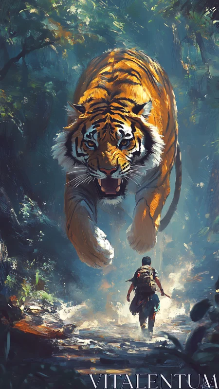 Predatory tiger leaping toward lone explorer in jungle trail.