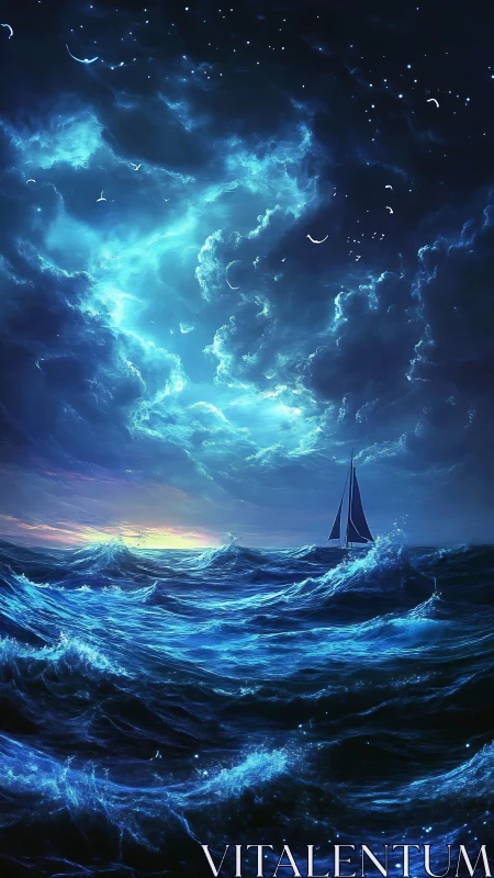 Lone sailboat under stormy night sky and glowing sea.