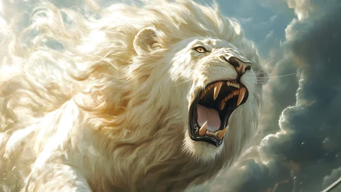 Roaring white lion rendered in dynamic high-detail digital painting