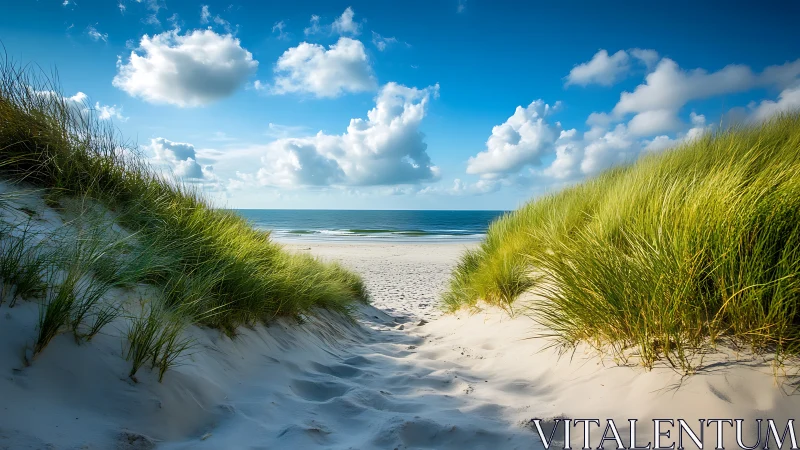 Sunlit sand dunes open onto a tranquil, cloudlit shore.