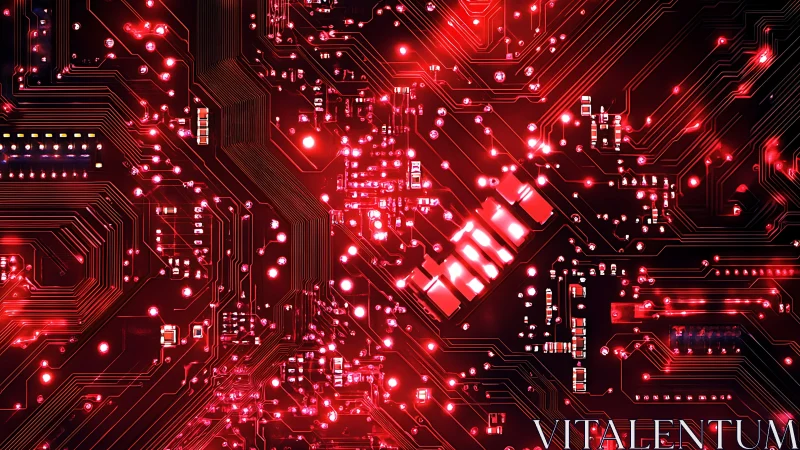 Red neon circuitry glows across dense electronic motherboard