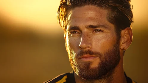 Golden hour portrait of contemplative bearded man outdoors.