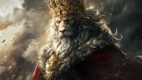 Crowned lion in ornate robe against stormy sky backdrop.