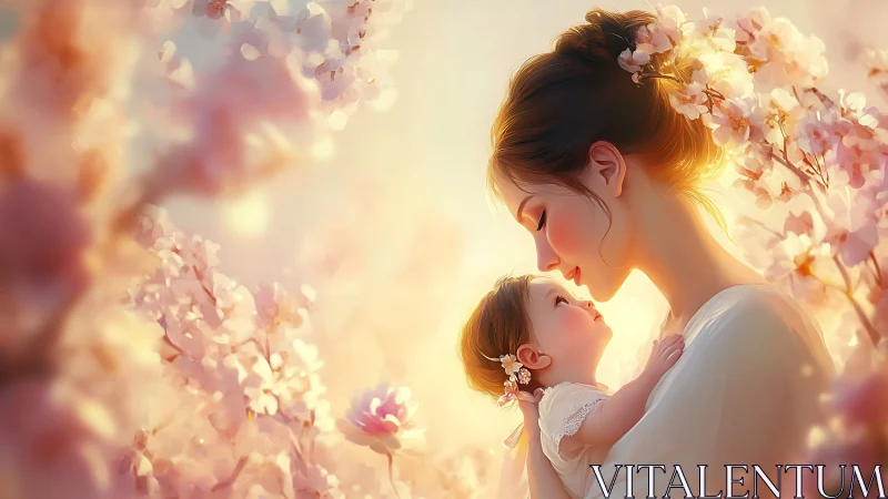 Woman and Child in Blooming Flower Garden Setting