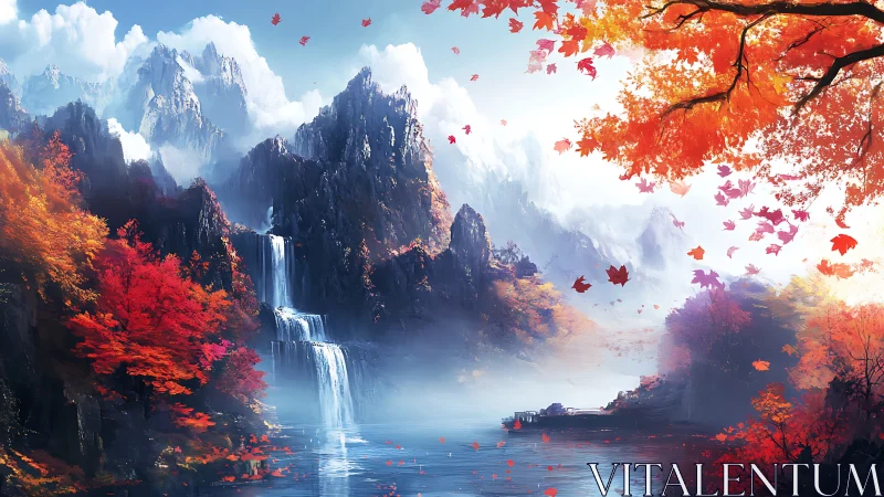 Mountain lake landscape with waterfalls and autumn foliage.