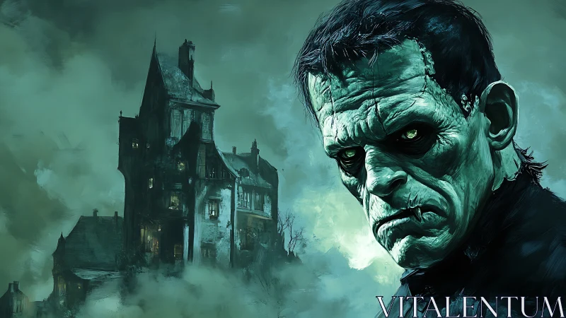 Haunted giant watches over a misty, crumbling mansion.