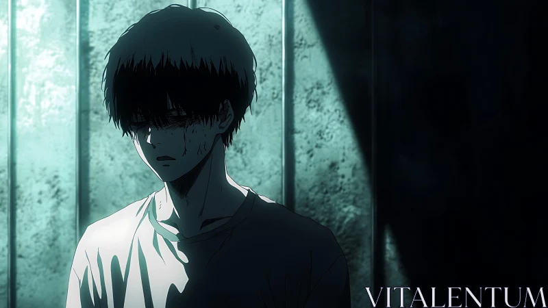 Brooding anime boy in stark prison cell lighting study.