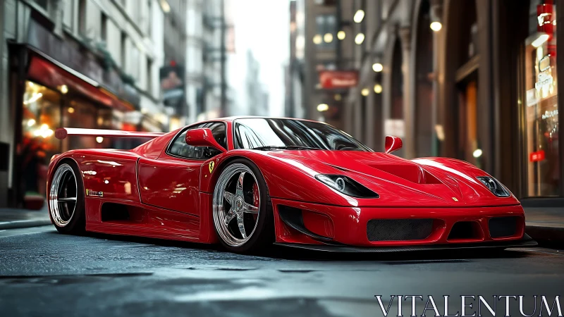 Red supercar rendered in glossy urban street lighting.