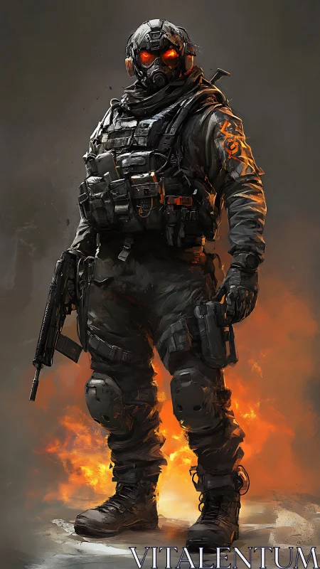 Tactical exosuit soldier with ember-lit visor and flames.