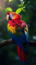 Scarlet macaw in vivid plumage under rainforest backlight.