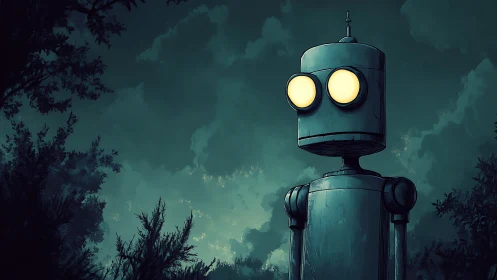 Solitary cylindrical robot under nocturnal forest sky