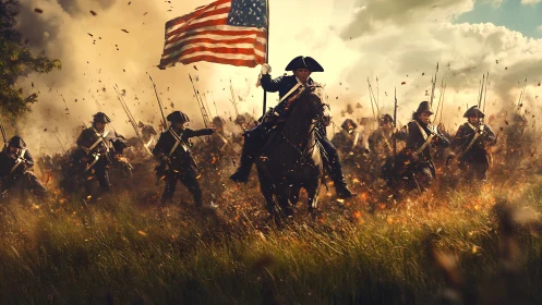 Gallant rider carries the flag through a smoky battlefield