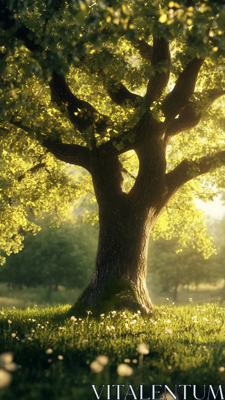 Sunlit oak tree with dreamy meadow bokeh glow.