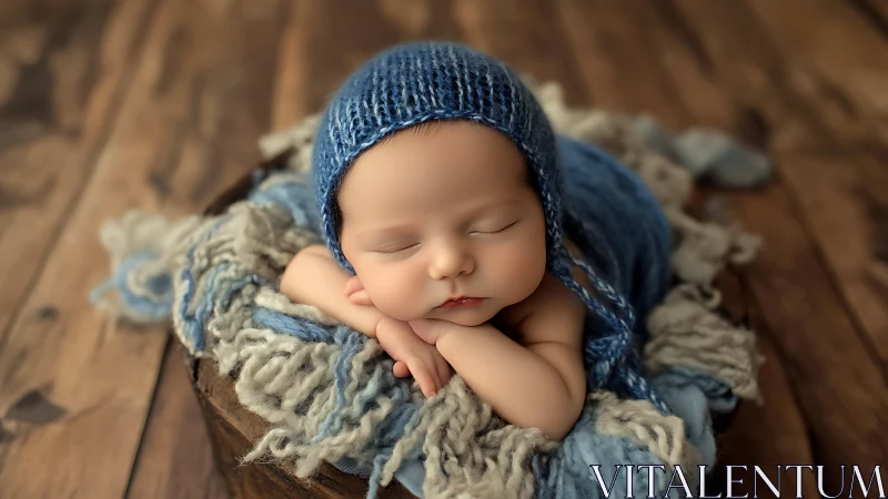 Sleeping newborn baby wearing blue knit hat and bedding