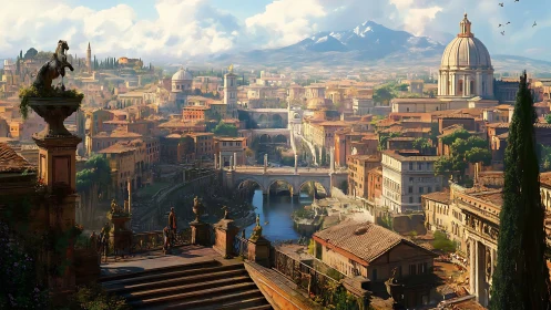 Riverside neoclassical metropolis under alpine horizon light.