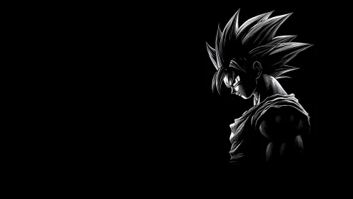 High-contrast monochrome profile of spiky-haired anime fighter