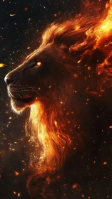 Lion profile with fiery mane rendered in glowing digital flames