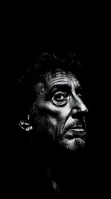 Low key monochrome portrait of older male face in profile.