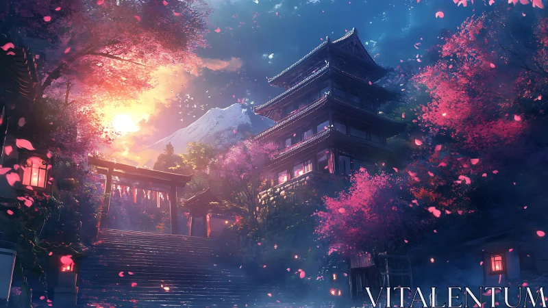 Twilight temple stairway overlooks blooming sakura valley