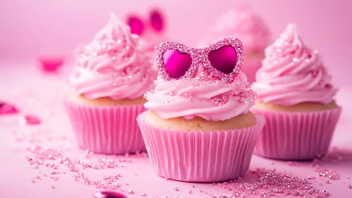 Pink Frosted Cupcakes with Glittered Heart-Shaped Sunglasses Arrangement