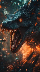 Firelit dragon roar amid embers and cinematic sparks.