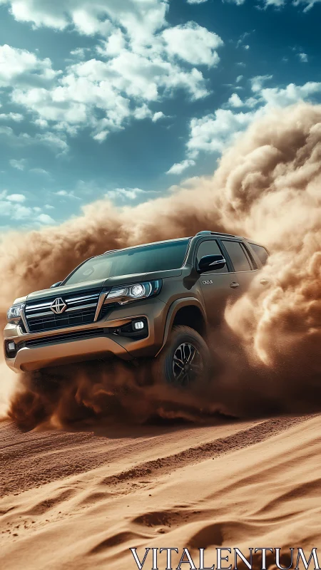 Desert SUV carves stormy dunes beneath a soaring sky