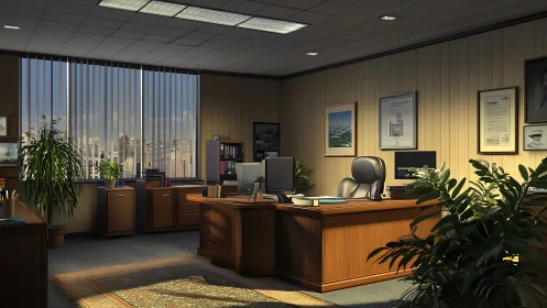 Executive corner office interior with city skyline view.