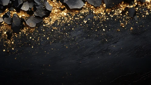 Gold fragments lie on textured black surface in diagonal band