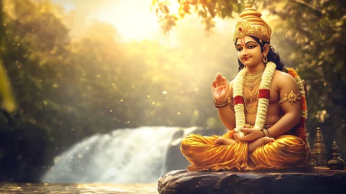Golden child deity greets the forest waterfall in sunlight