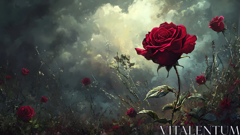 Deep Crimson Roses Emerging Through Atmospheric Stormy Haze.