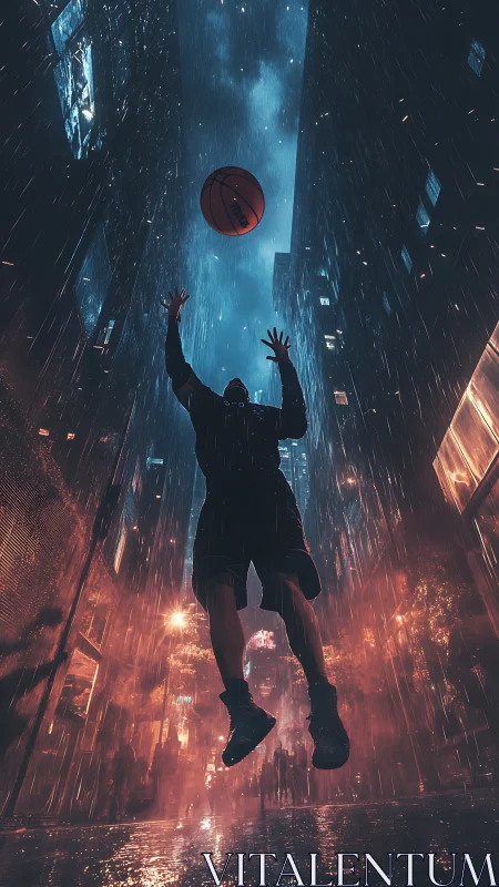 Cyberpunk city basketball jump rendered in moody neon rain