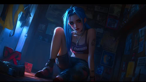 Moody blue haired rebel rests quietly in her neon lit room