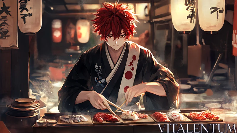 Red haired sushi chef in traditional yukata at lantern lit stall