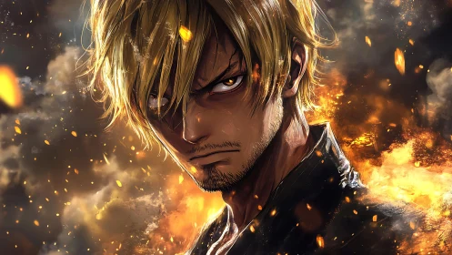 Brooding blond warrior amid blazing embers and smoke.