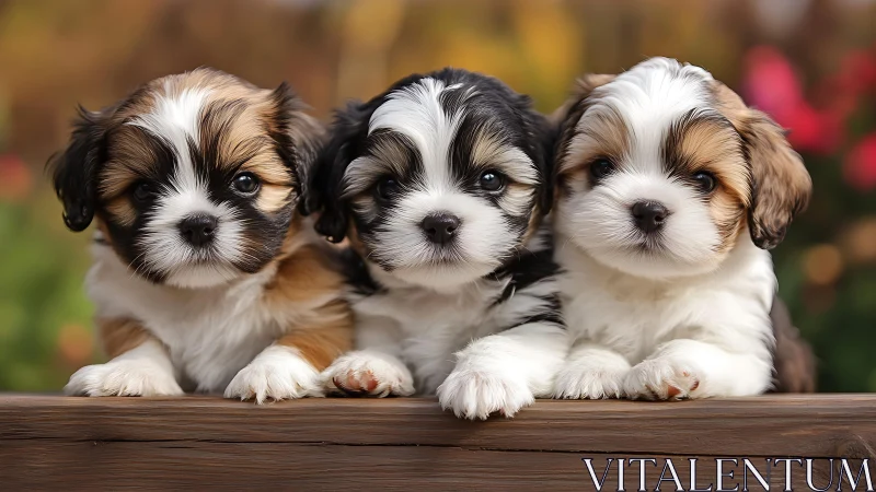 Tri-color spaniel puppies in soft bokeh outdoor portrait.