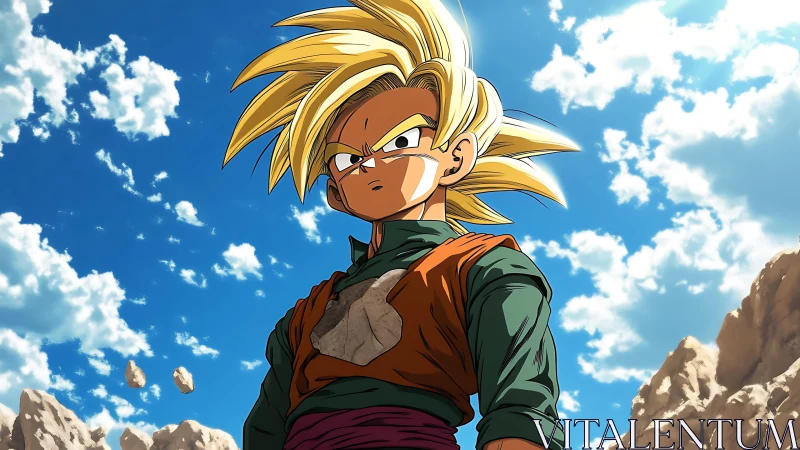 Golden haired anime warrior under expansive desert sky.